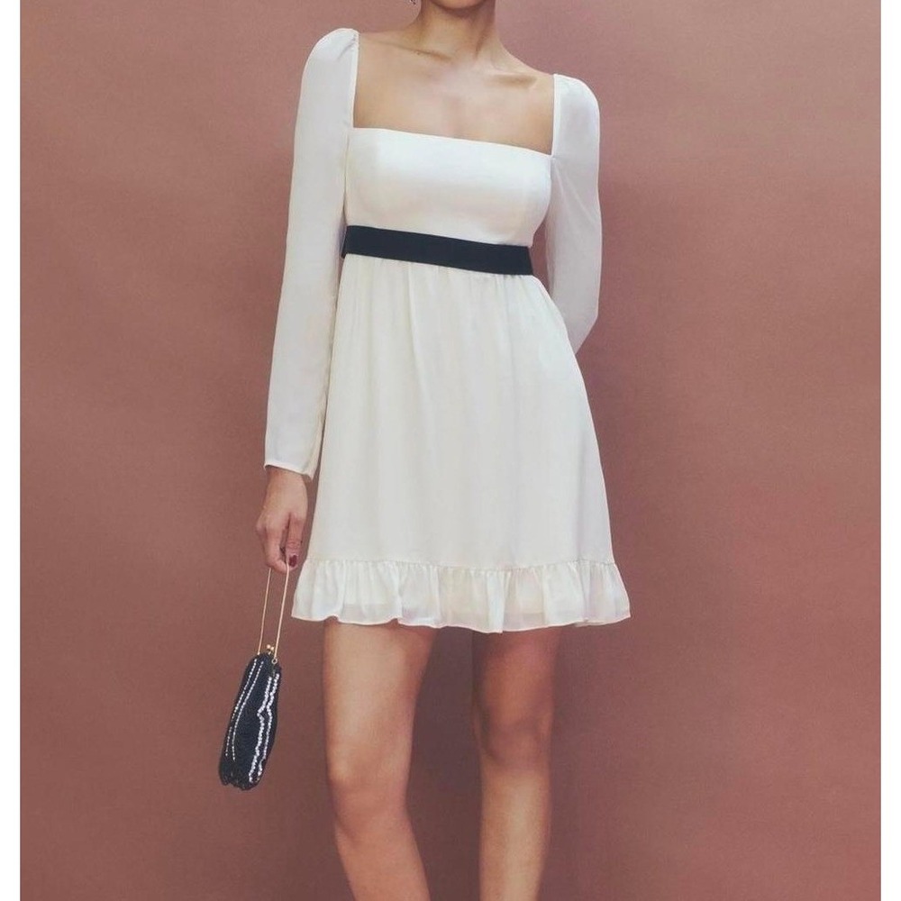 Reformation Cream Mini Dress Size 2 Chiffon Velvet Tie Ruffle Baletcore Party